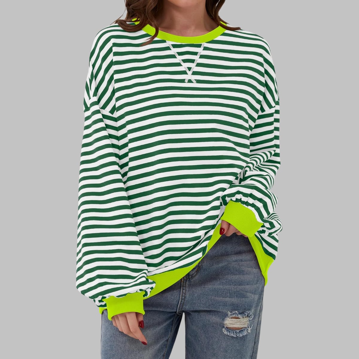 sweat oversize femme rayures rétro en vert foncé