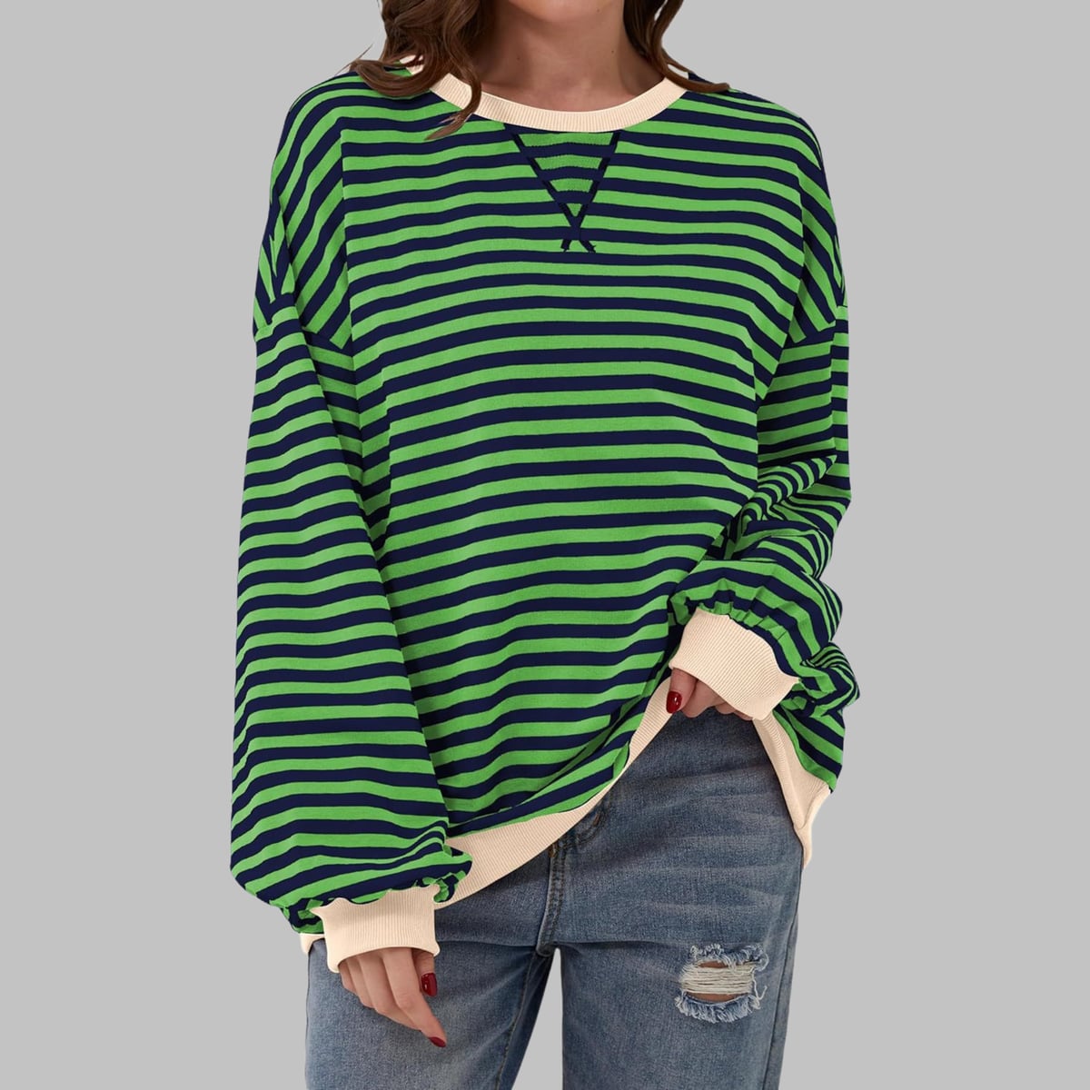 sweat oversize femme rayures rétro en vert