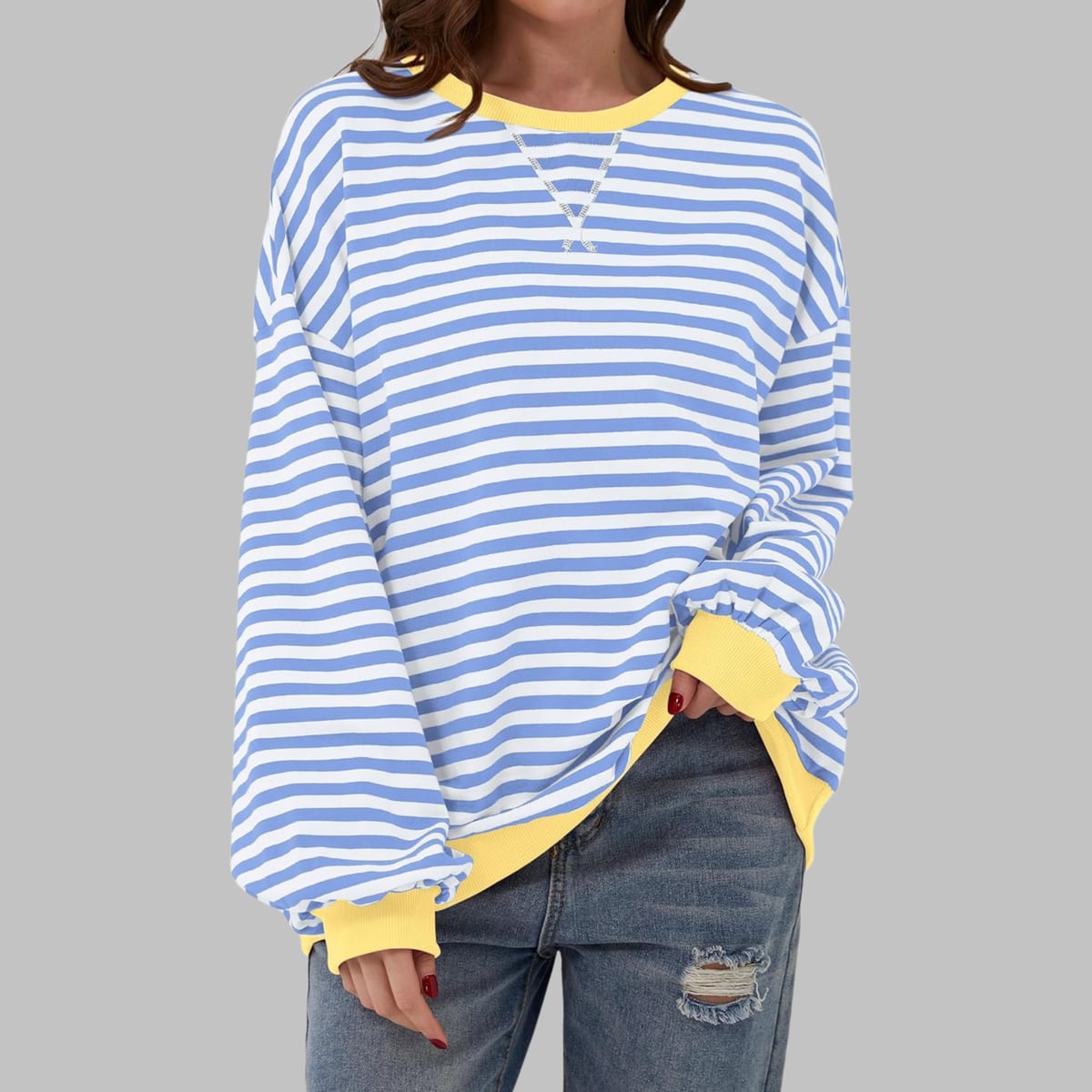 sweat oversize femme rayures rétro en bleu ciel