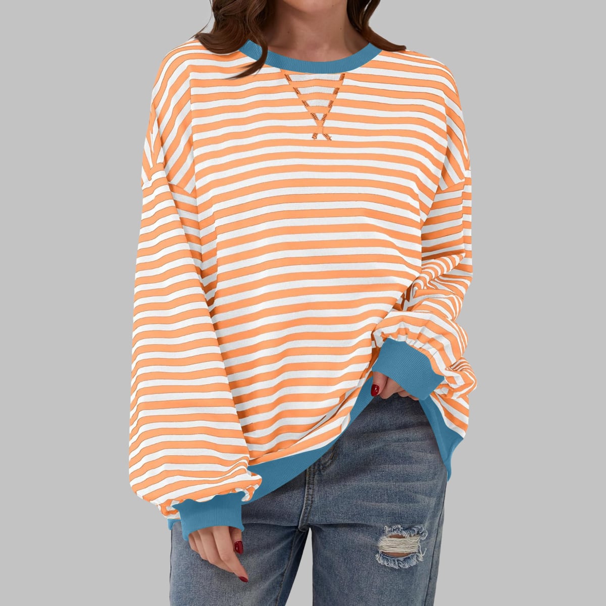 sweat oversize femme rayures rétro en orange