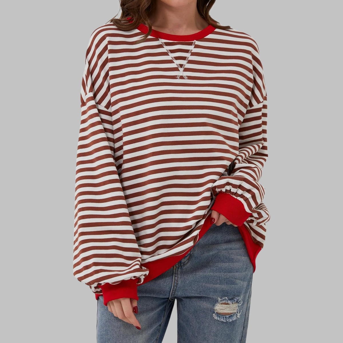 sweat oversize femme rayures rétro en rouge