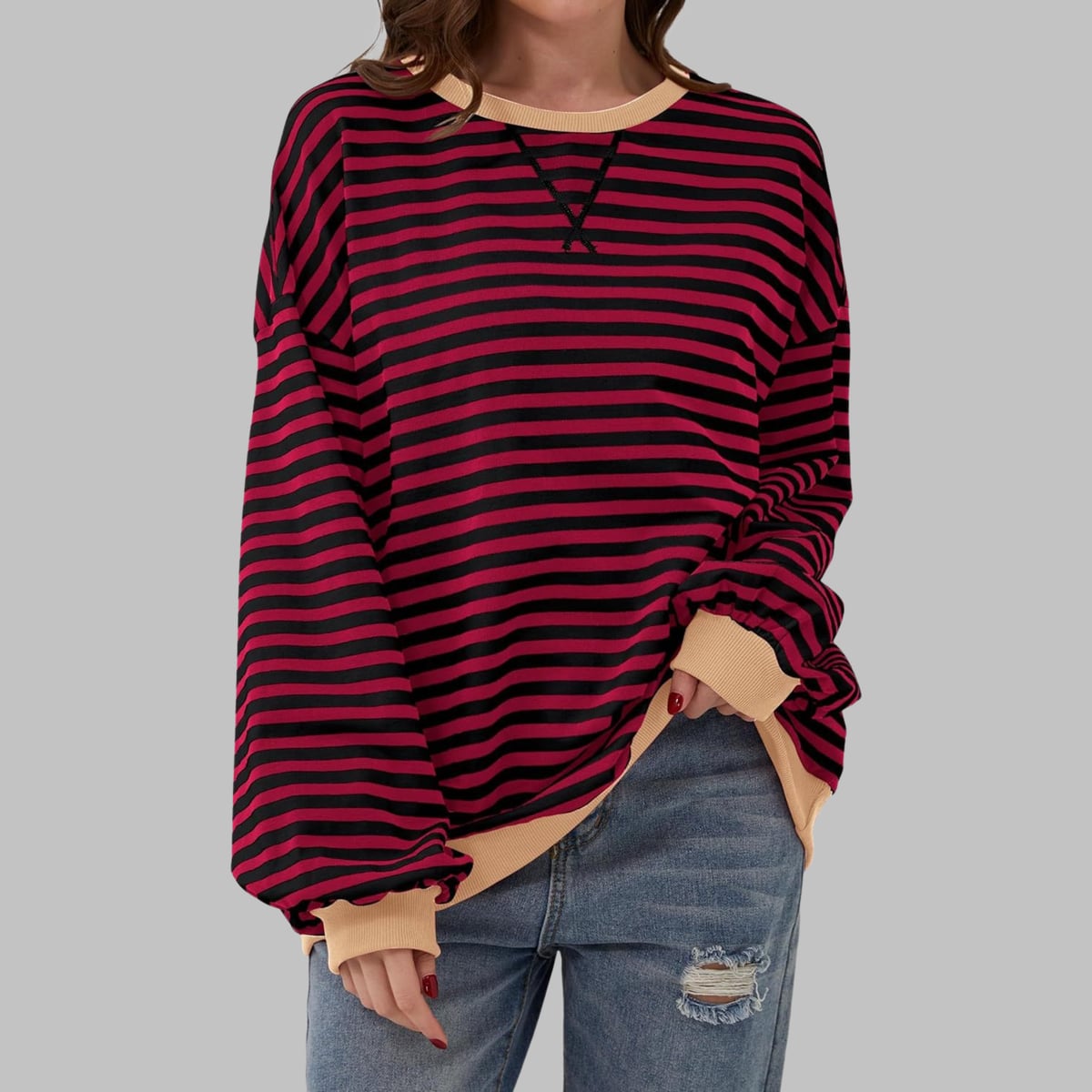 sweat oversize femme rayures rétro en bordeaux