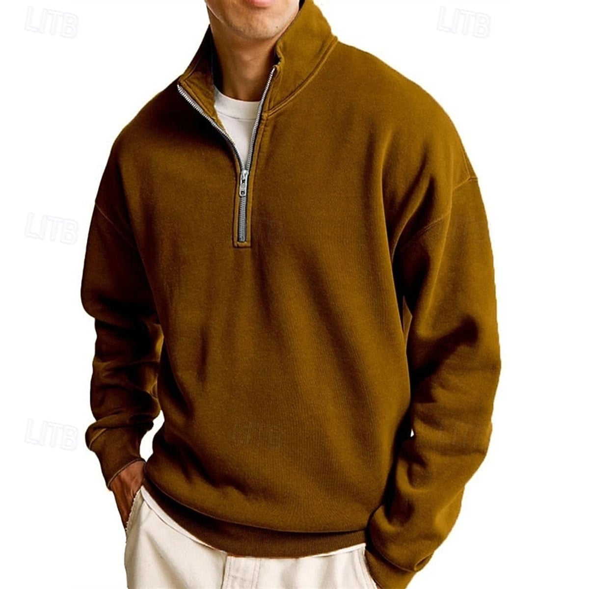 sweatshirt homme col zippé coupe décontractée en marron