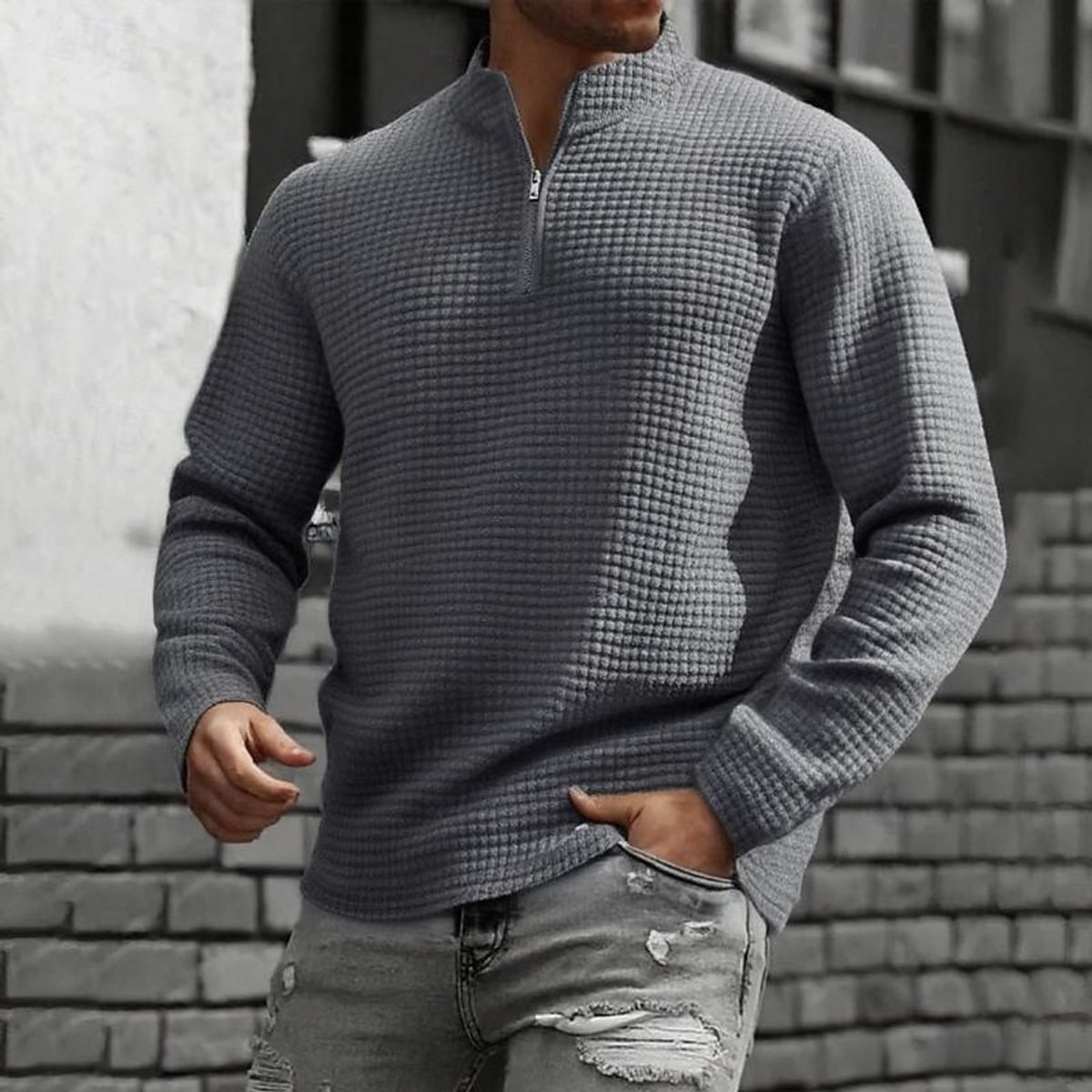 sweatshirt homme col zippé texturé