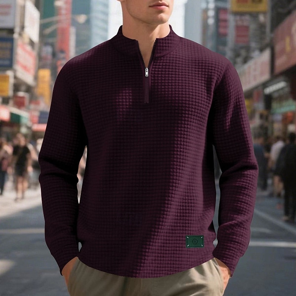 sweatshirt homme col zippé texturé en bordeaux