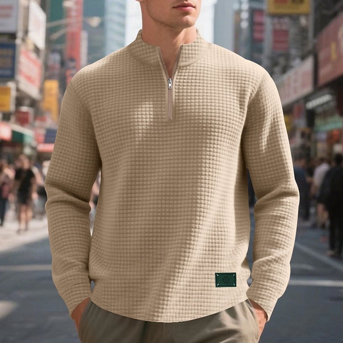 sweatshirt homme col zippé texturé en kaki