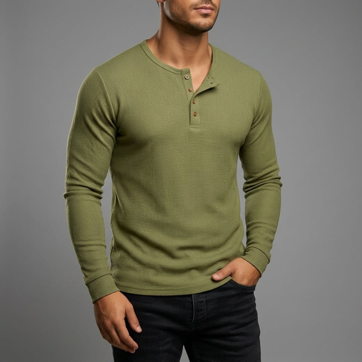 t-shirt homme manches longues col henley en vert