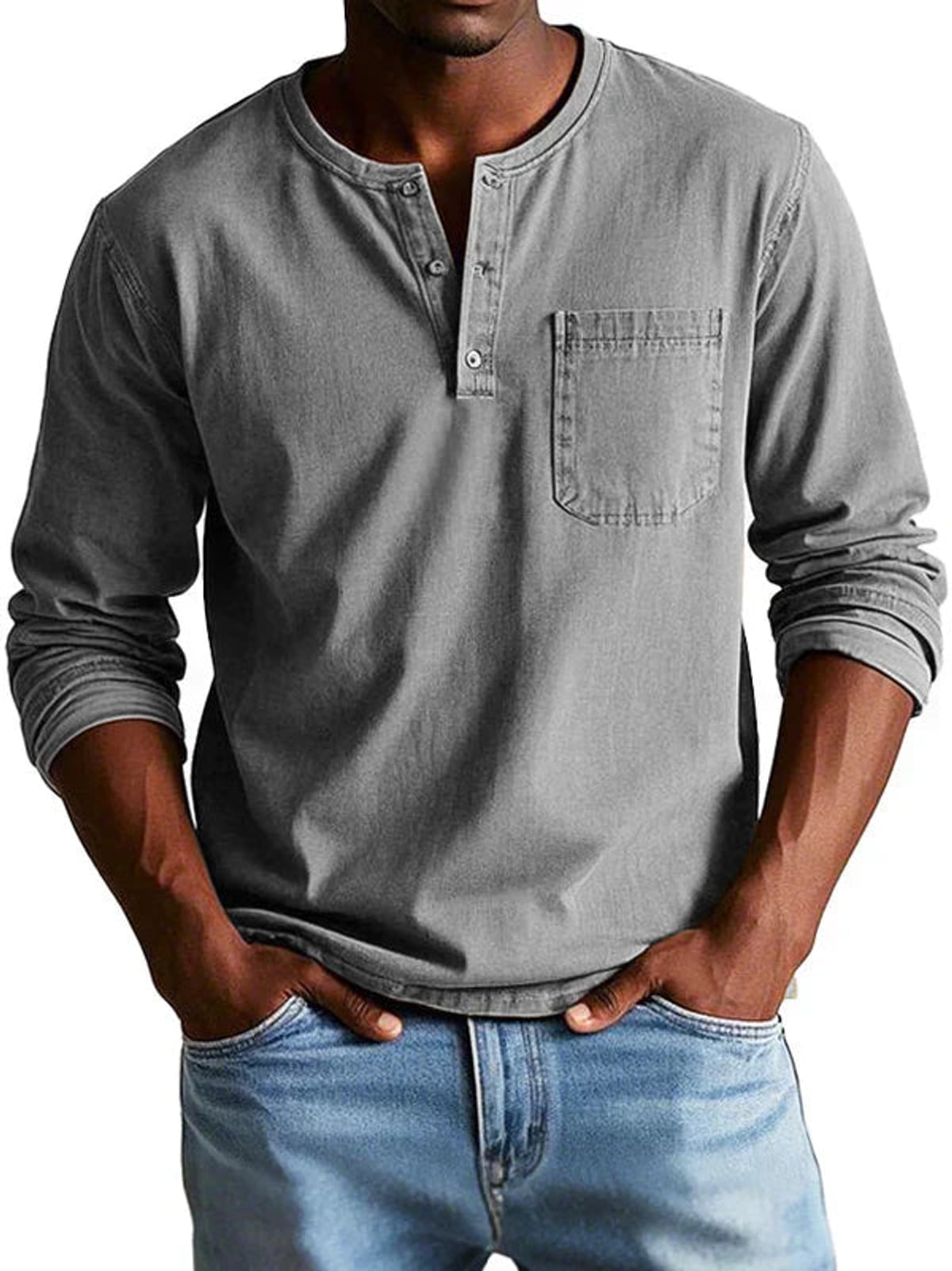 t-shirt homme manches longues col henley grande taille en gris