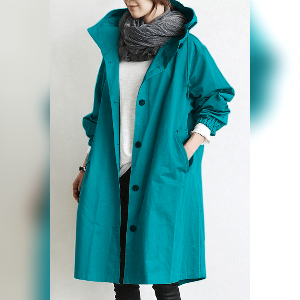 trench coat femme imperméable à capuche en turquoise