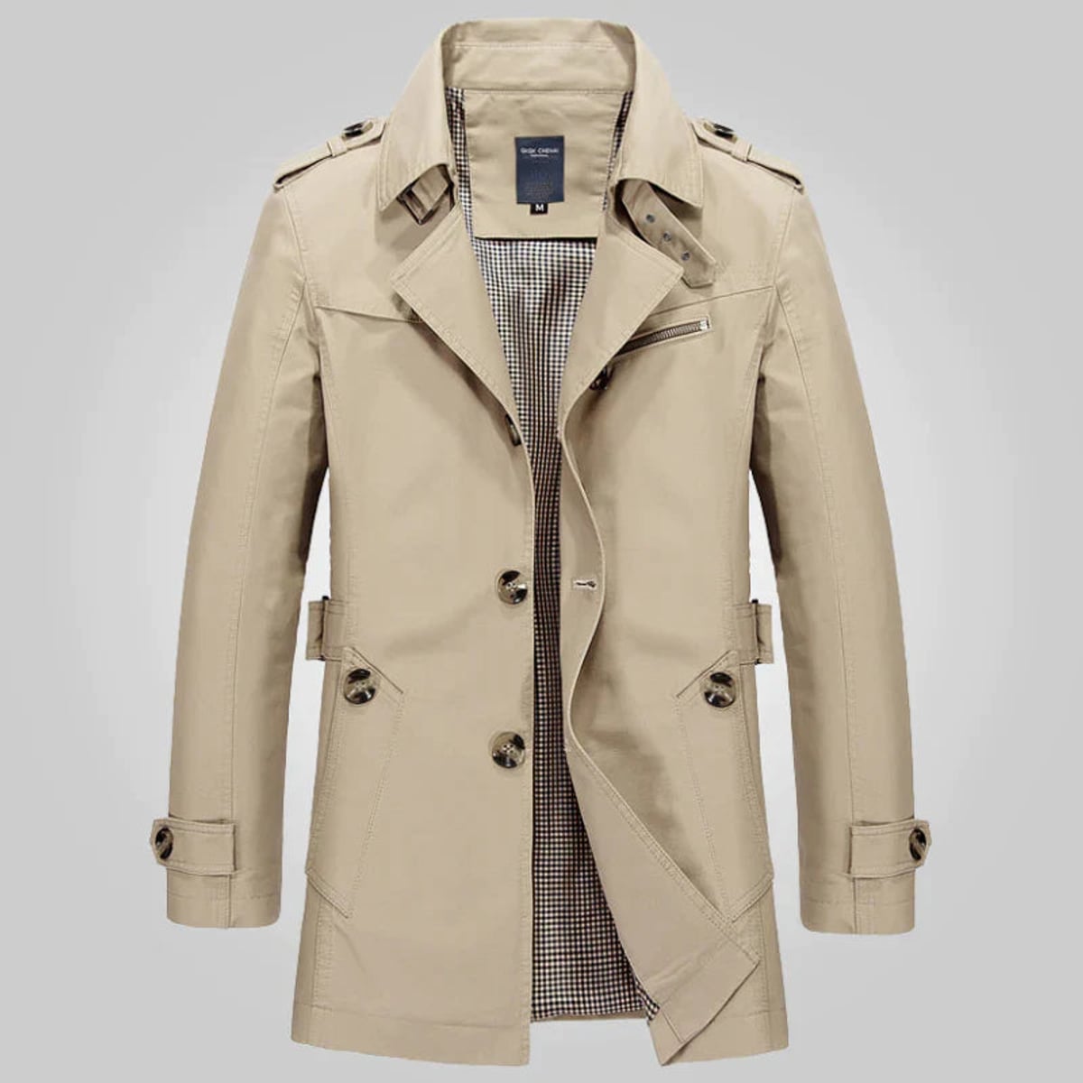 trench-coat homme ceinturé col revers en kaki