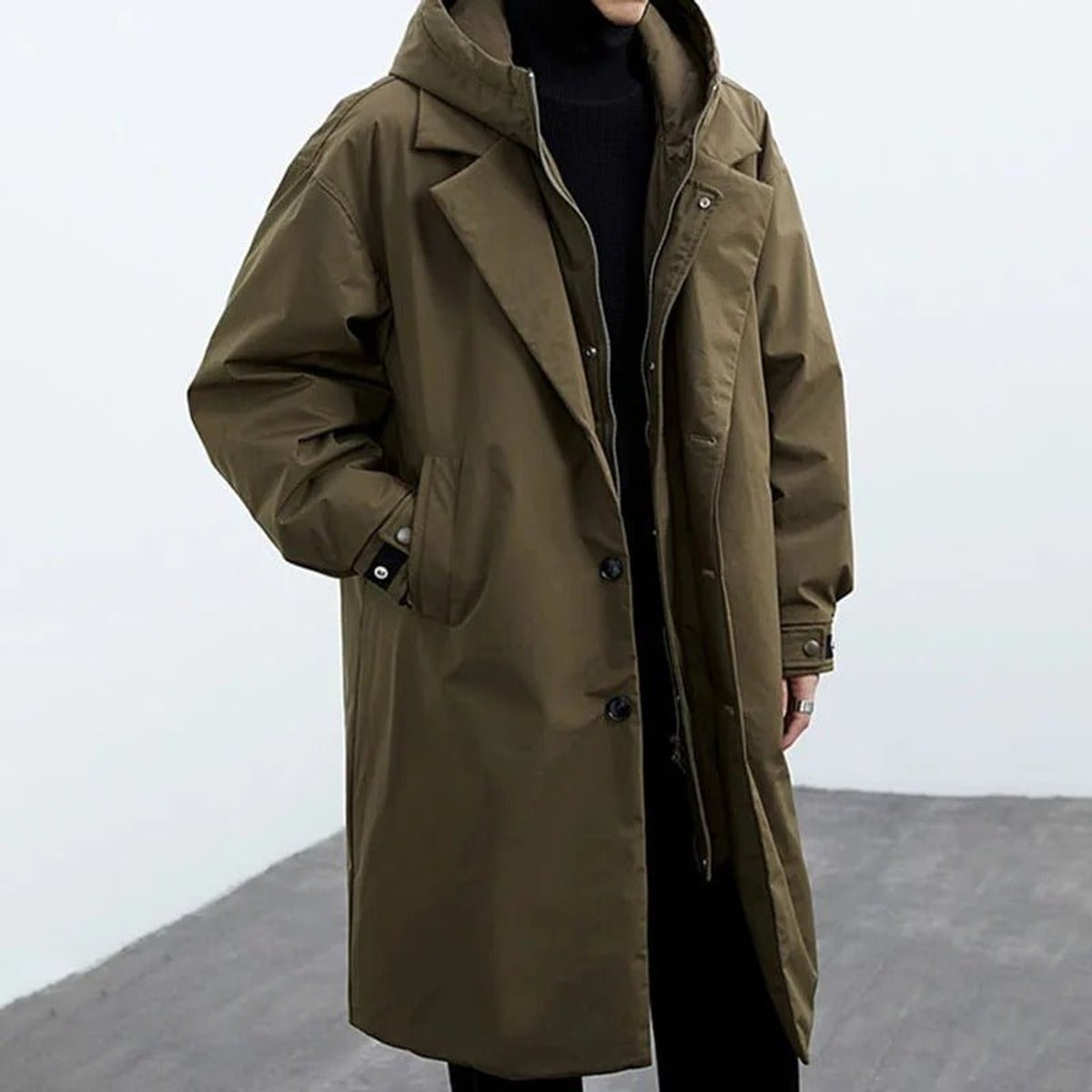 trench homme long à capuche oversize en vert olive