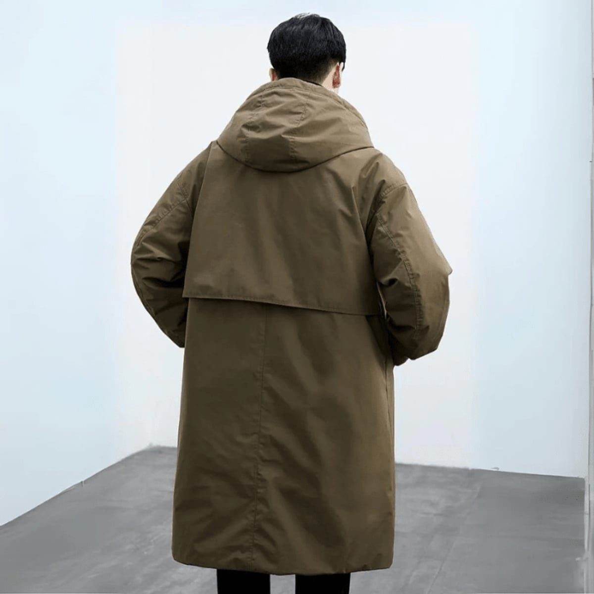 trench homme long à capuche oversize en vert olive
