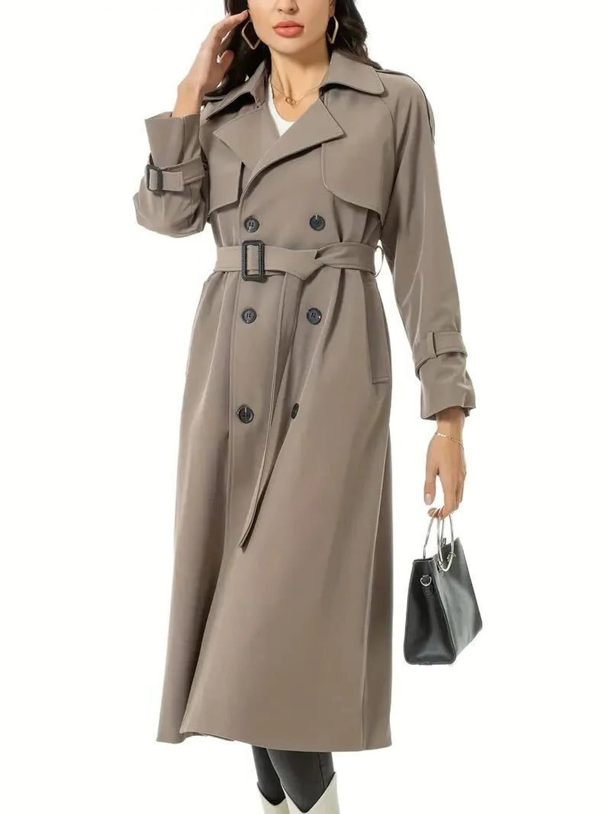 trench long femme double boutonnage ceinturé en taupe