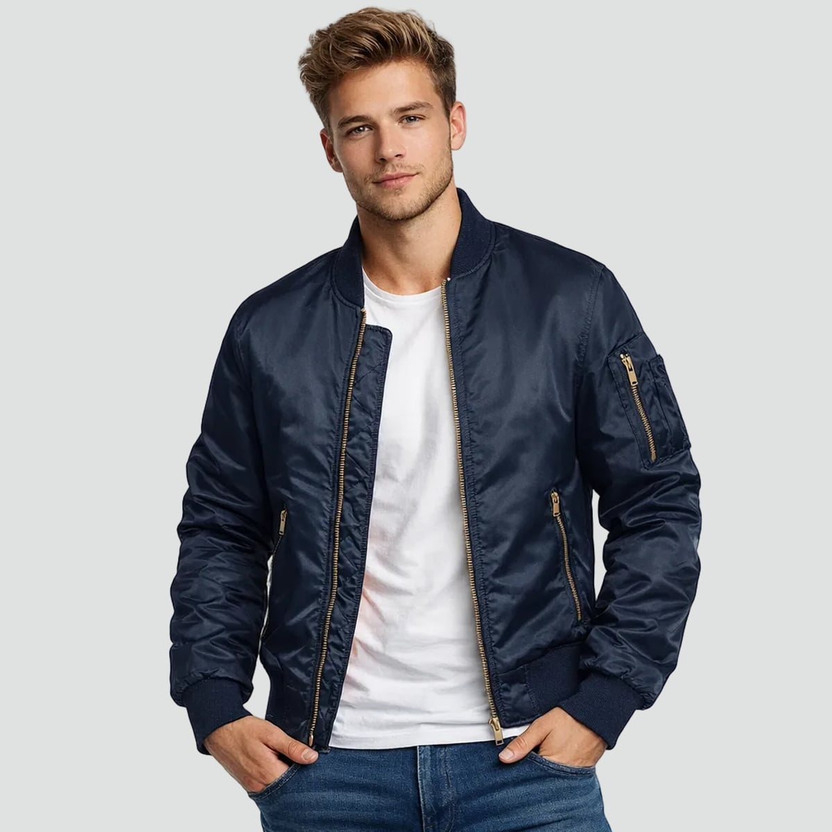 veste bomber homme col montant zippée en bleu marine