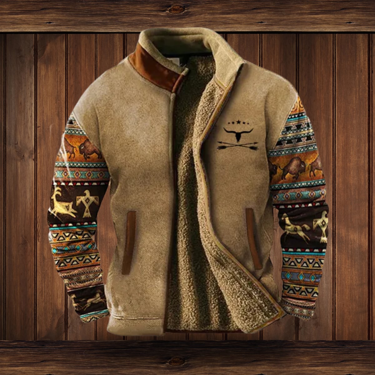 veste femme col montant doublée motif western en marron
