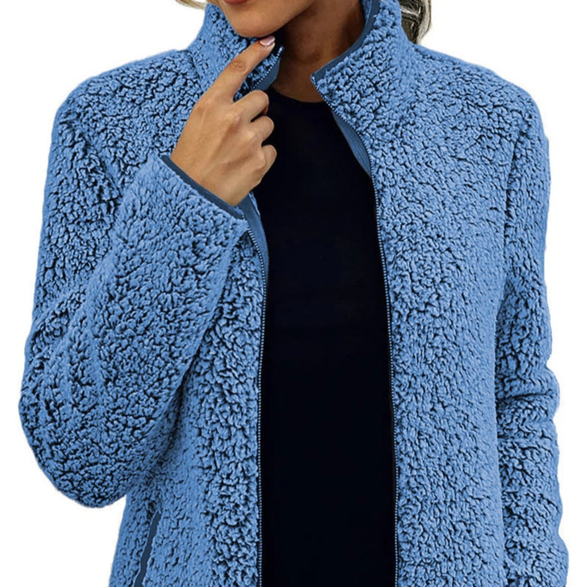 veste femme teddy col montant zippée en bleu