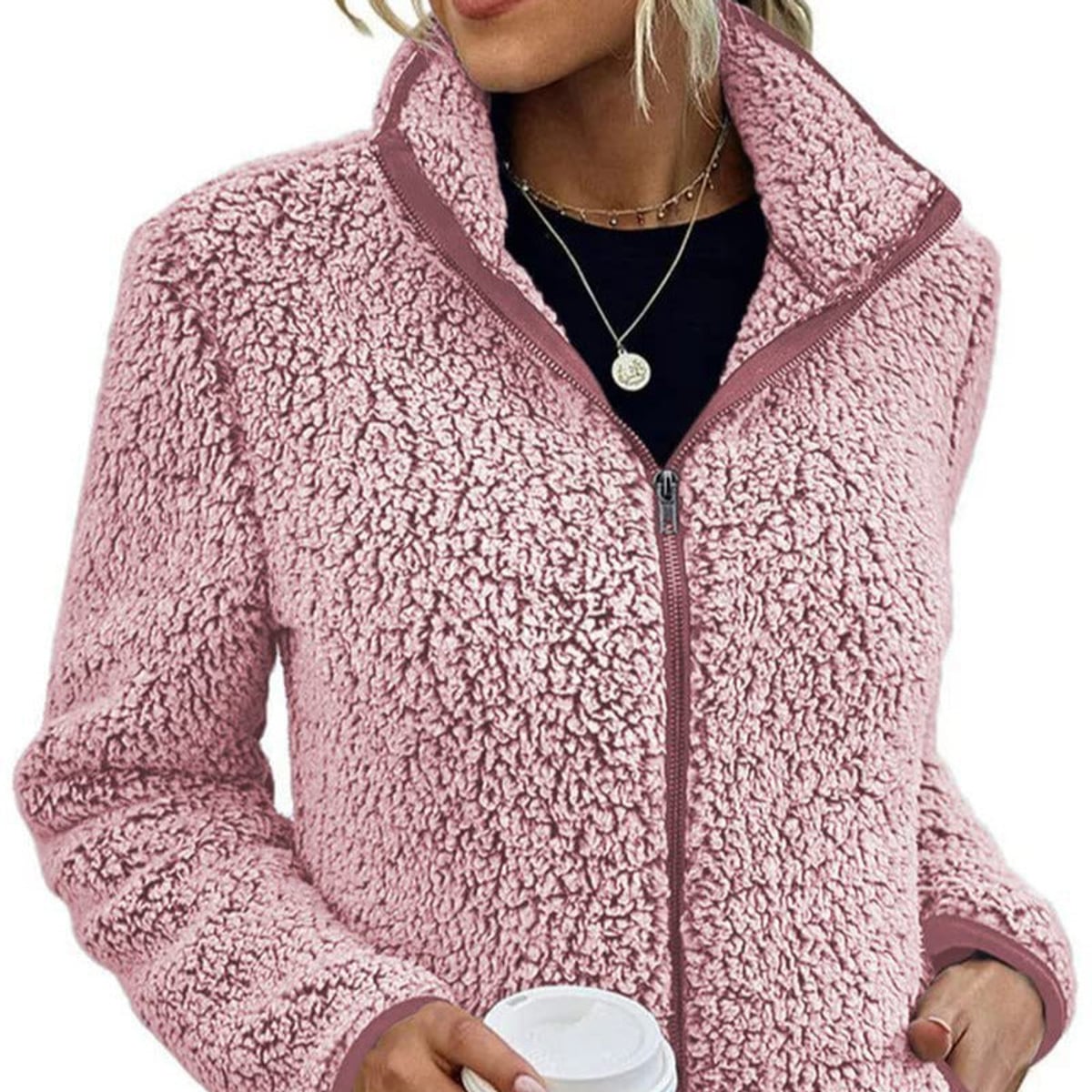 veste femme teddy col montant zippée en rose
