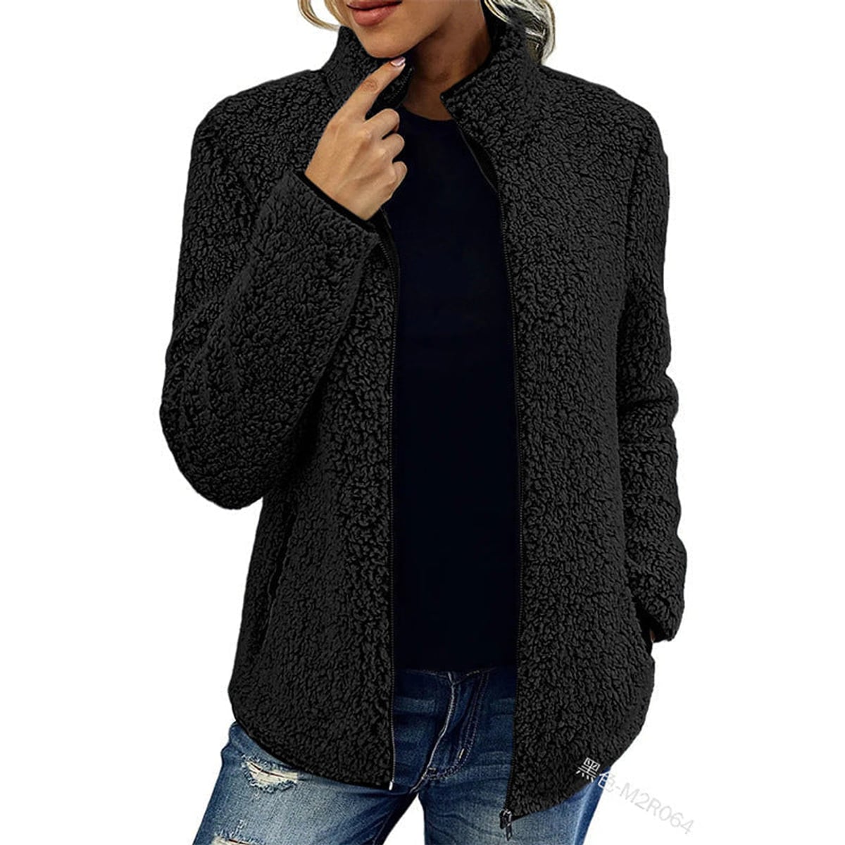 veste femme teddy col montant zippée en noir
