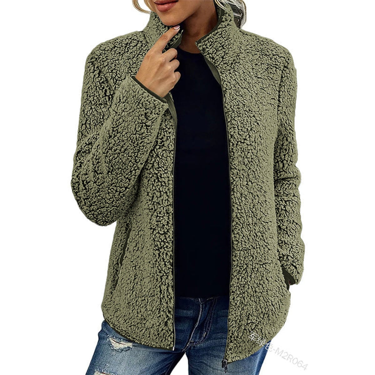 veste femme teddy col montant zippée en vert olive
