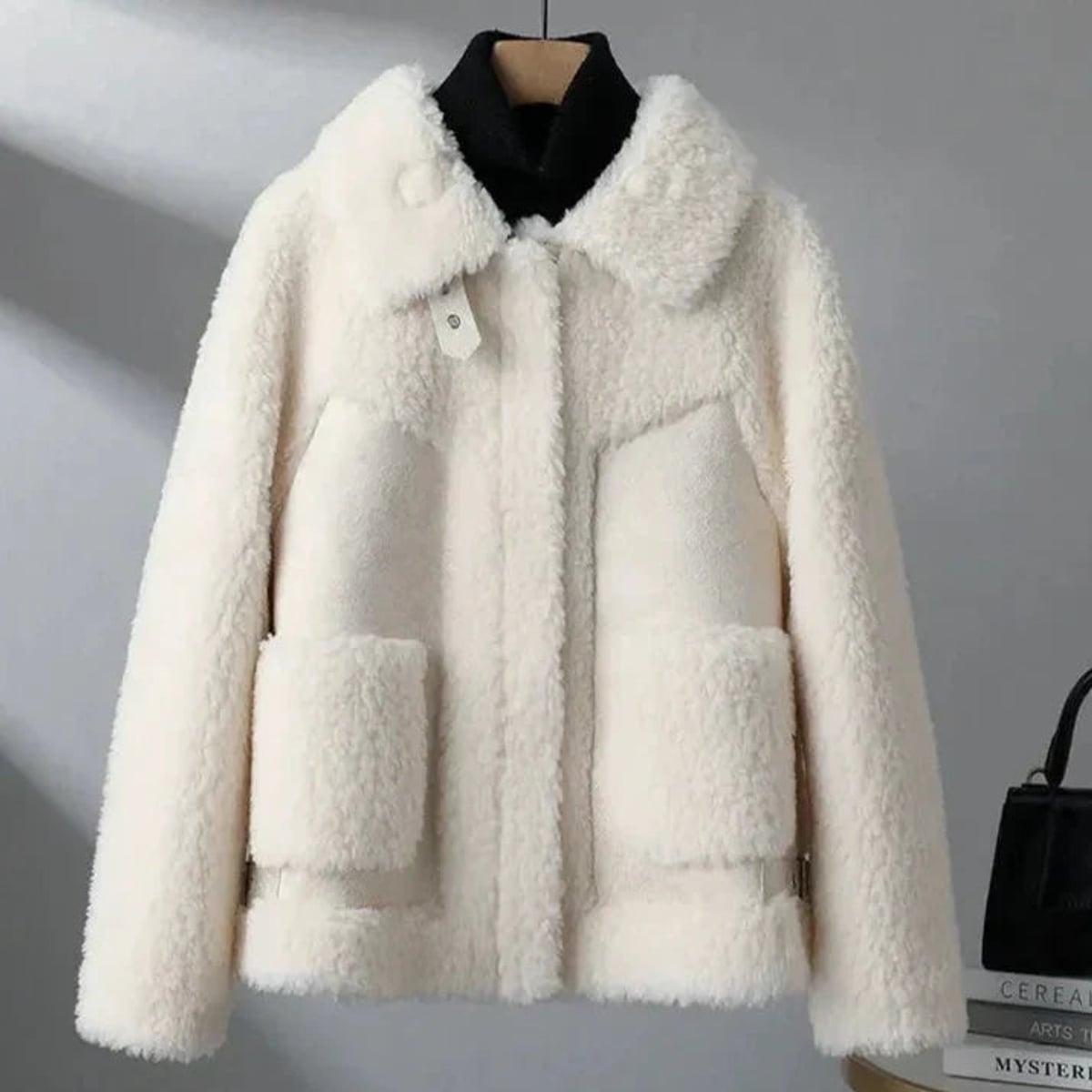 veste femme teddy oversize col rabattu en beige