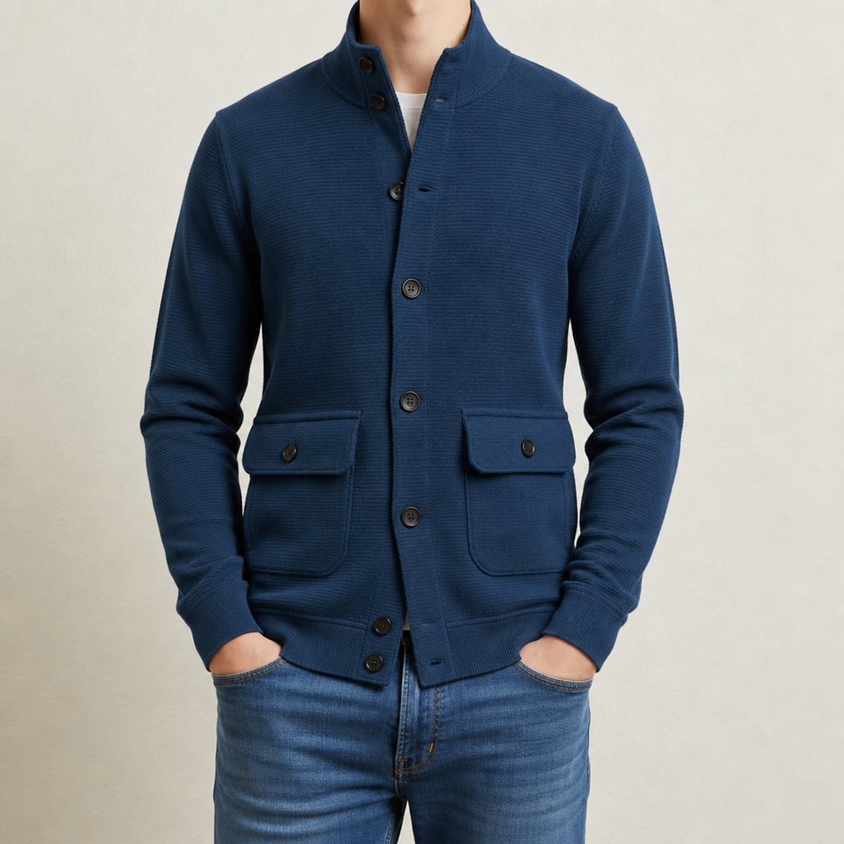 veste homme col montant tricot polyester simple boutonnage en bleu ardoise