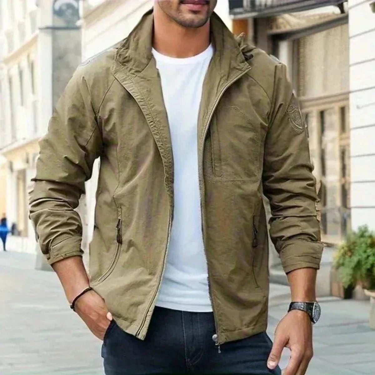 veste homme col montant zippée en kaki