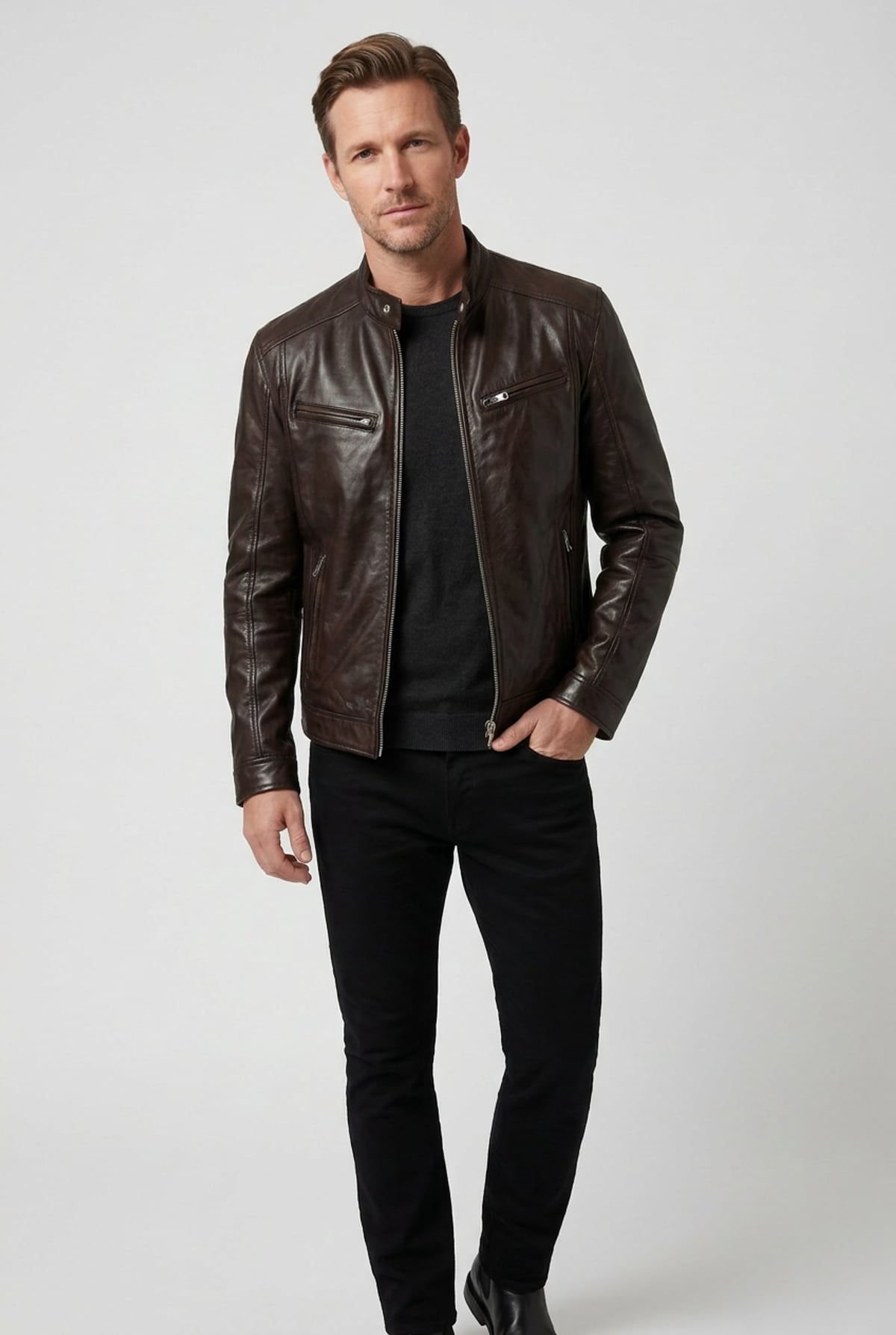 veste homme effet cuir multi-poches zippées en marron foncé