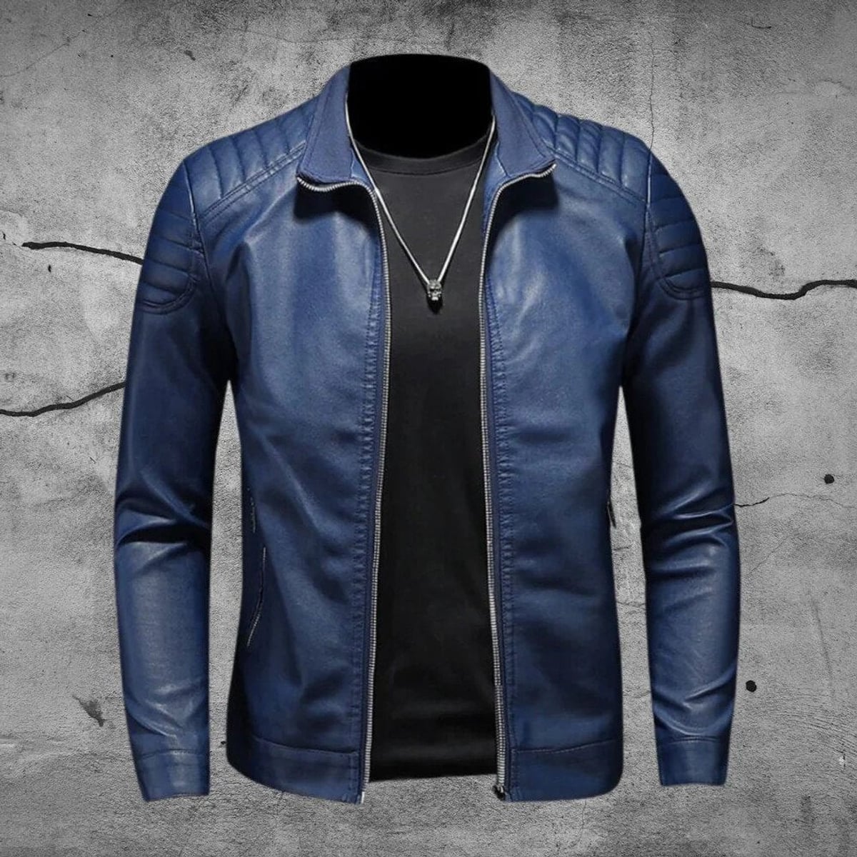 veste moto homme coupe droite zippée en bleu