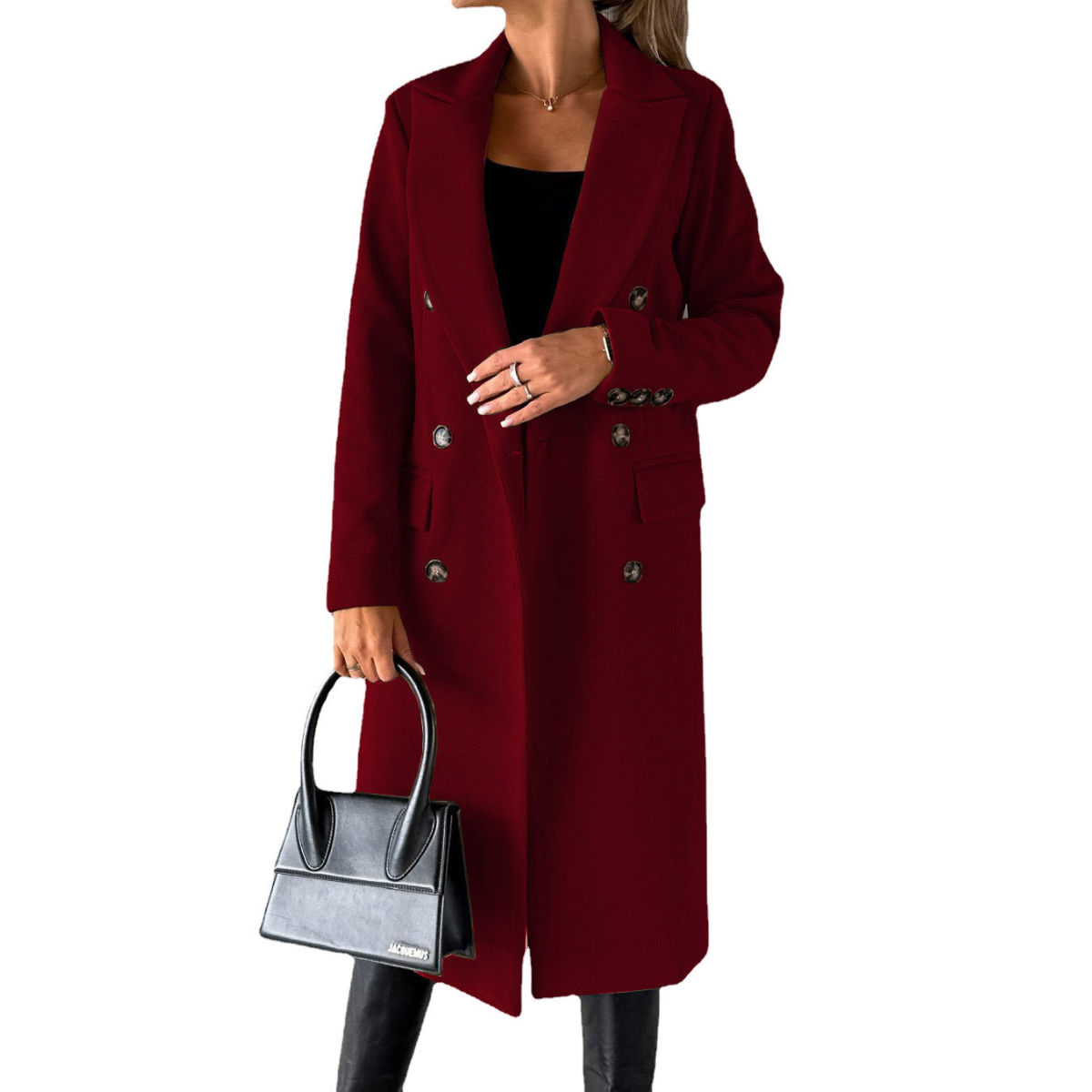 manteau femme col à revers coupe droite en bordeaux