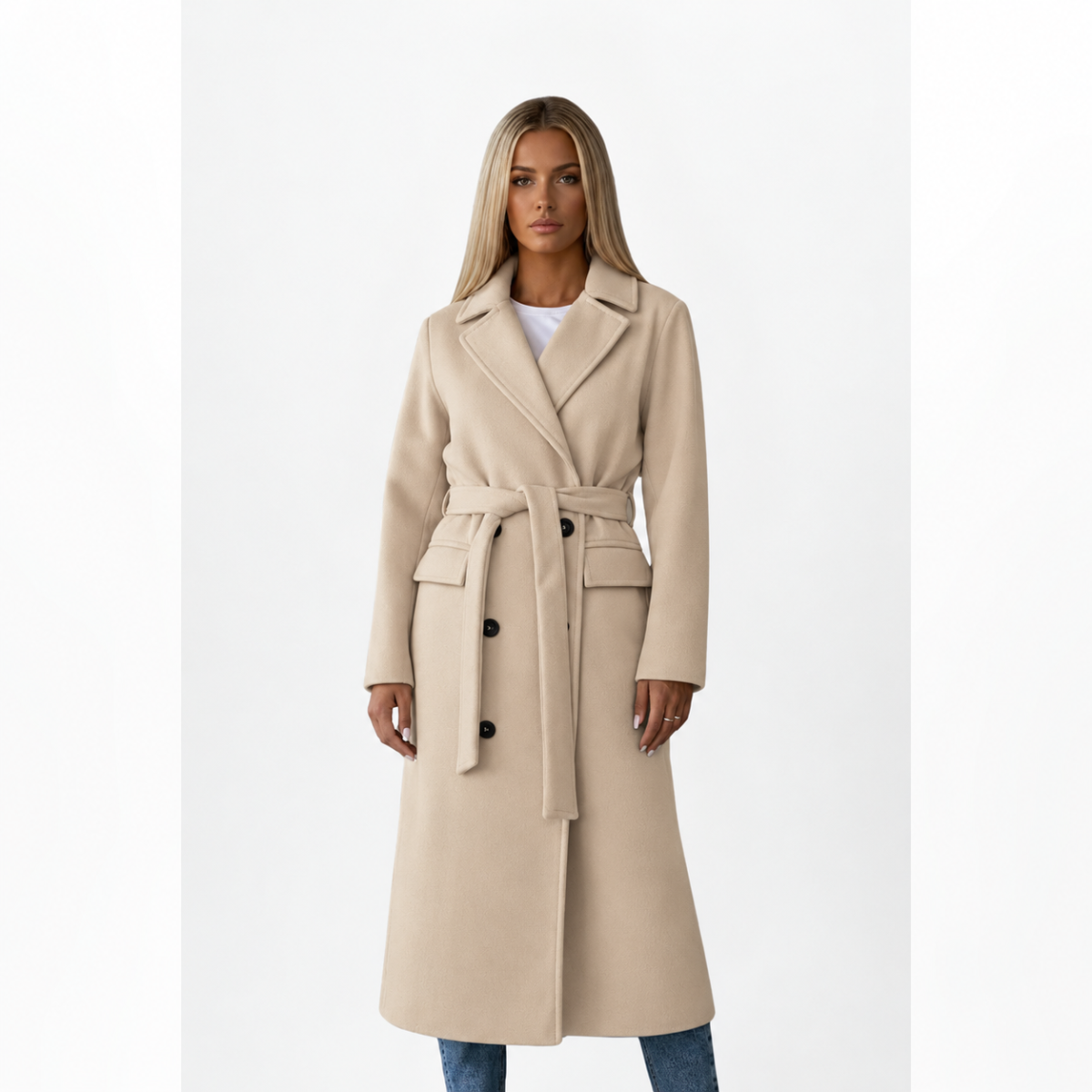 manteau femme long ceinturé croisé en crème