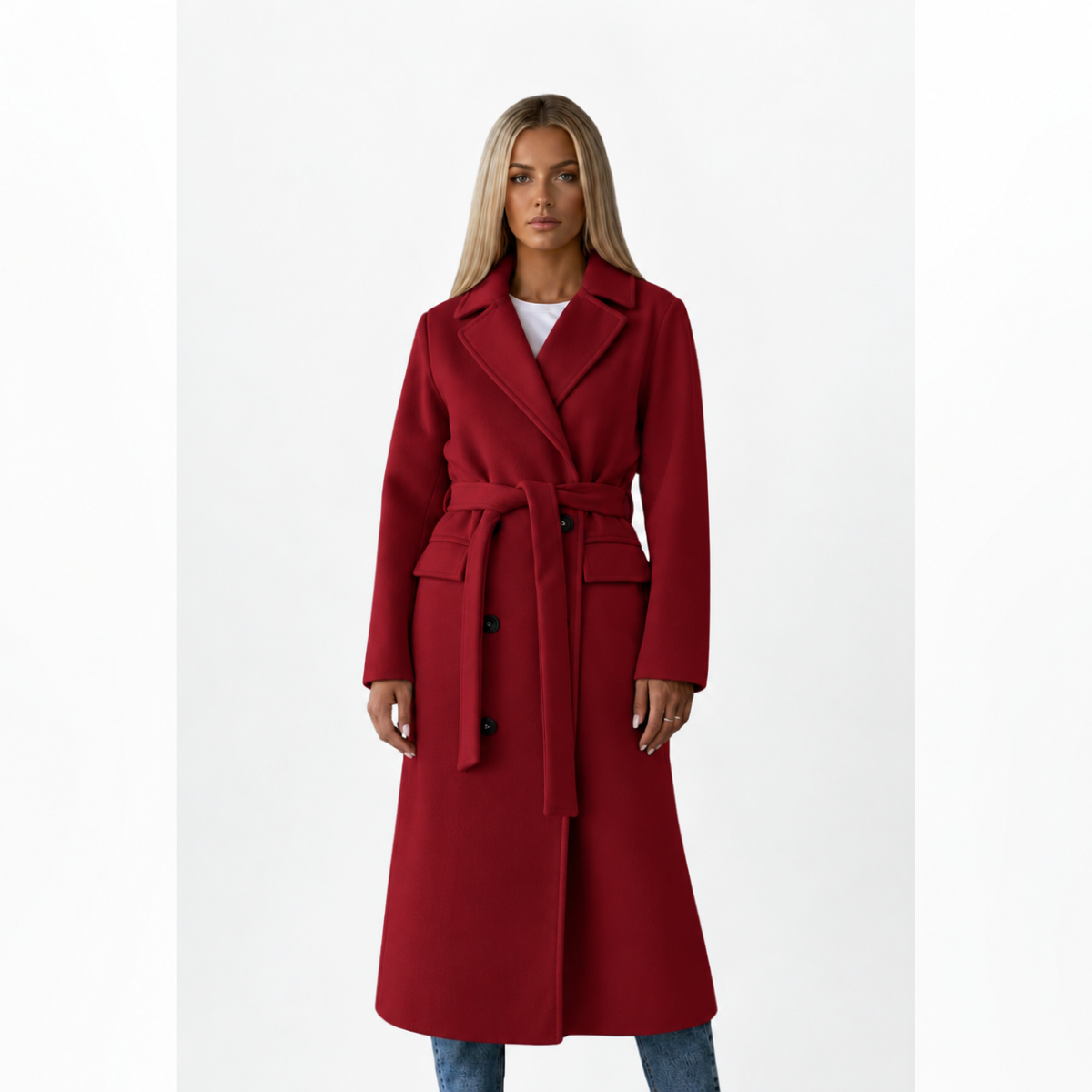 manteau femme long ceinturé croisé en rouge