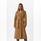 manteau femme long ceinturé croisé en camel