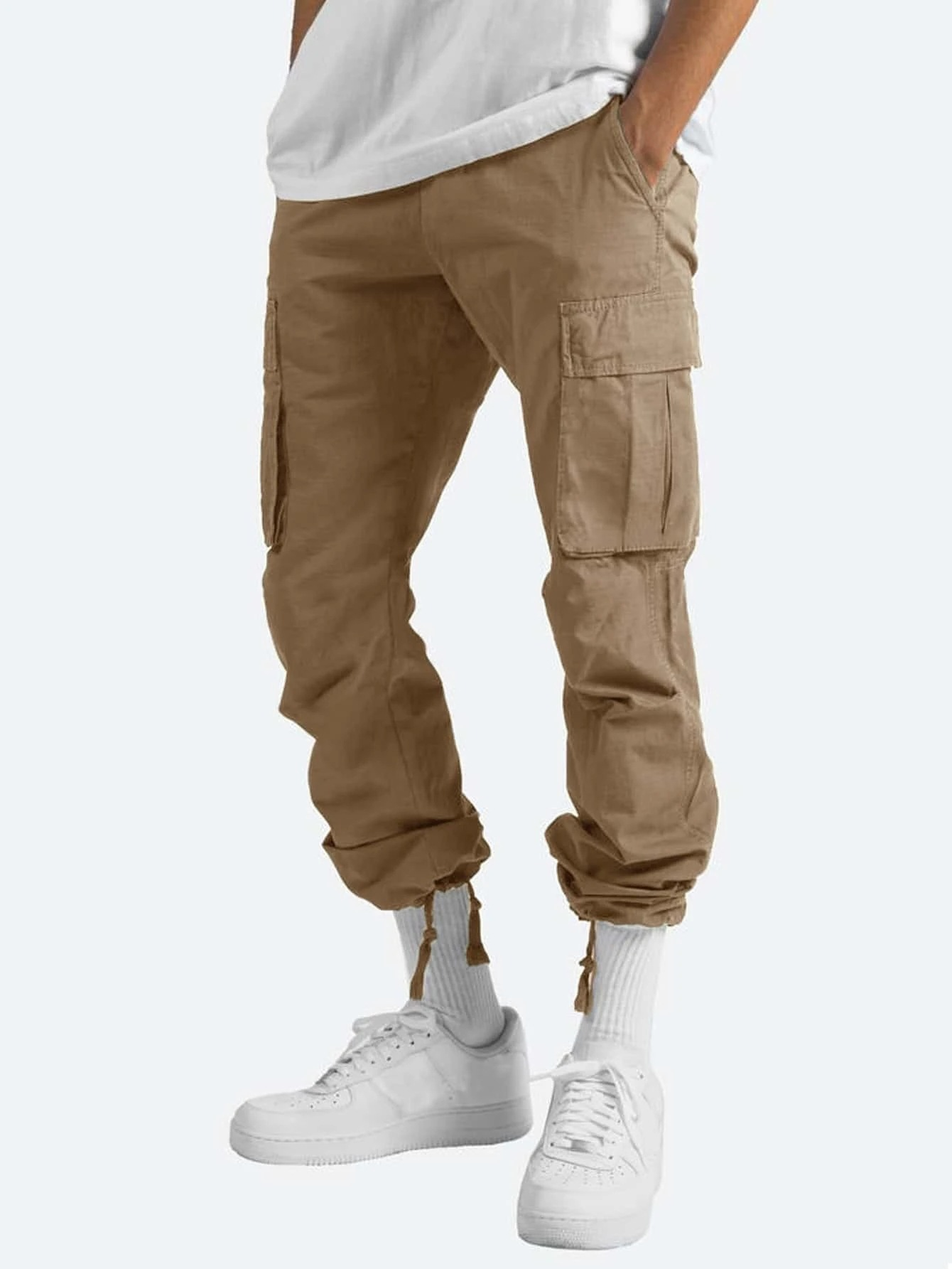 pantalon cargo homme coupe droite multi-poches en kaki