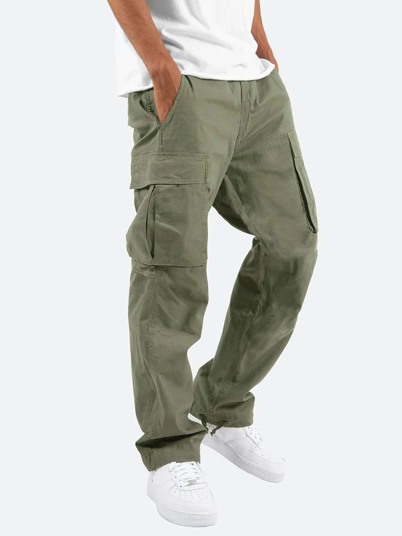 pantalon cargo homme coupe droite multi-poches en vert militaire