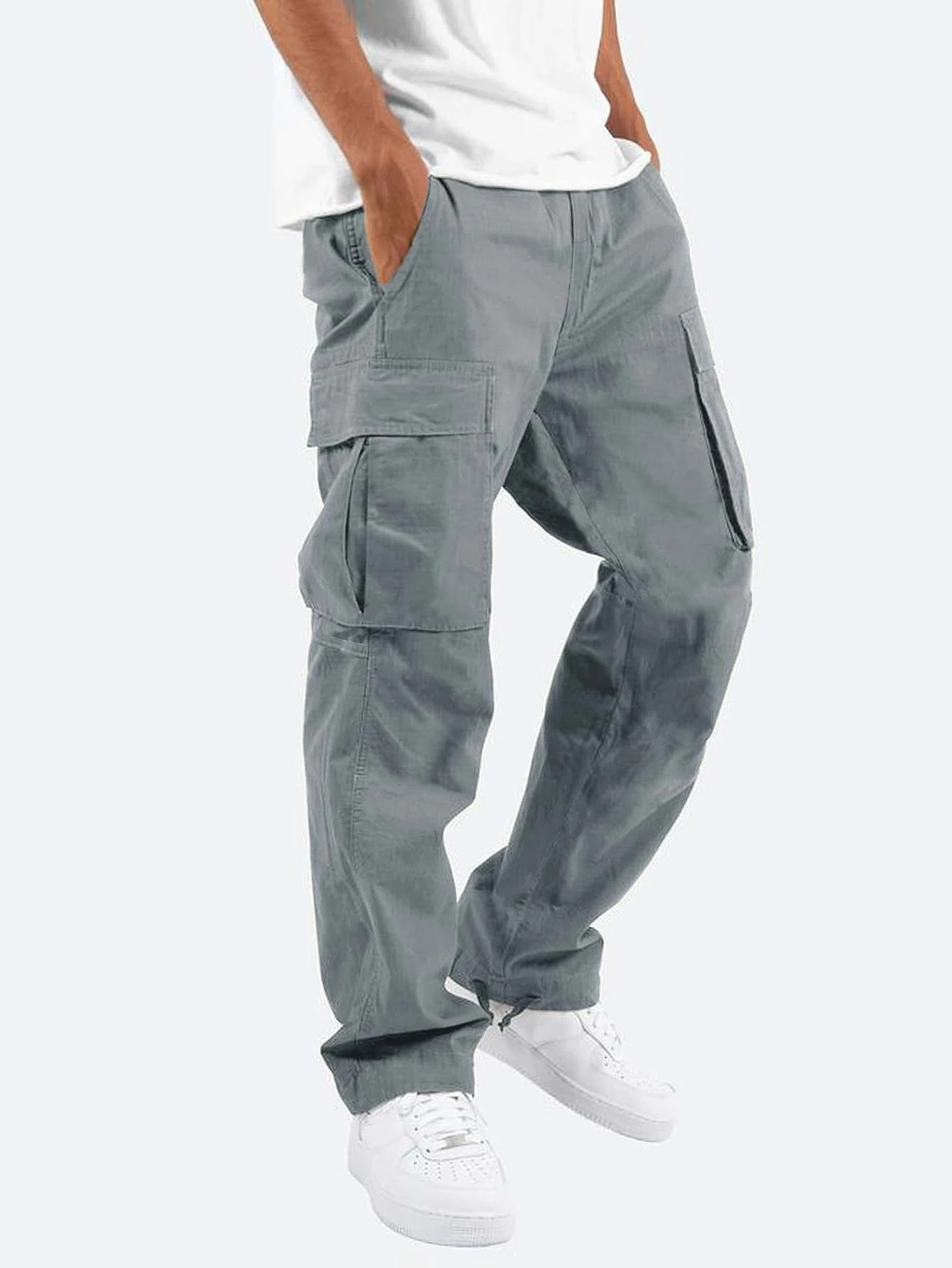 pantalon cargo homme coupe droite multi-poches en gris clair