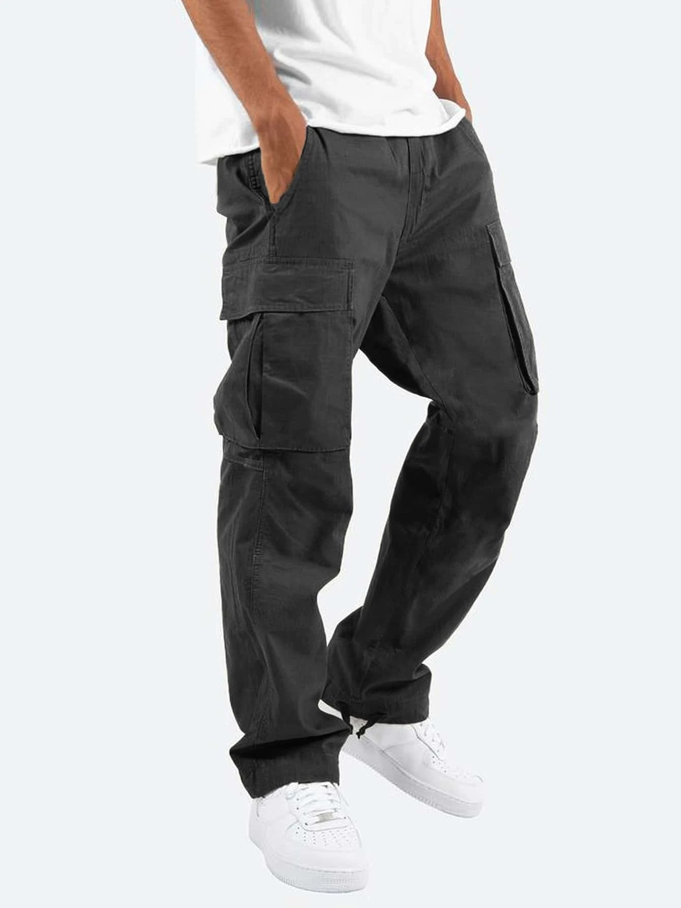 pantalon cargo homme coupe droite multi-poches en gris foncé