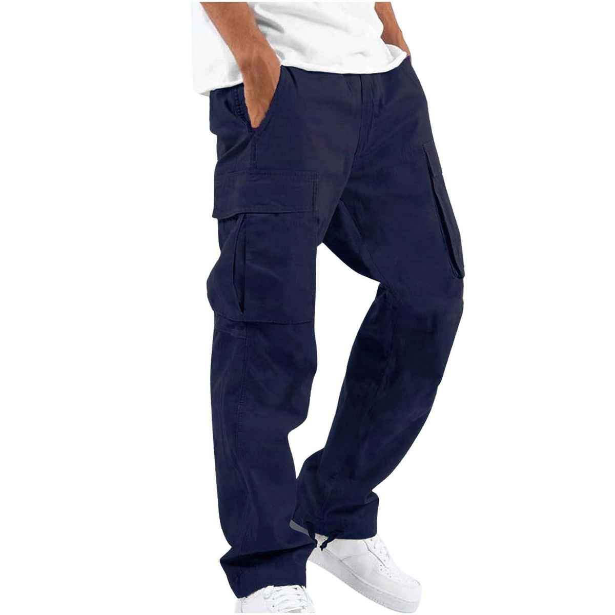 pantalon cargo homme coupe droite multi-poches en bleu marine