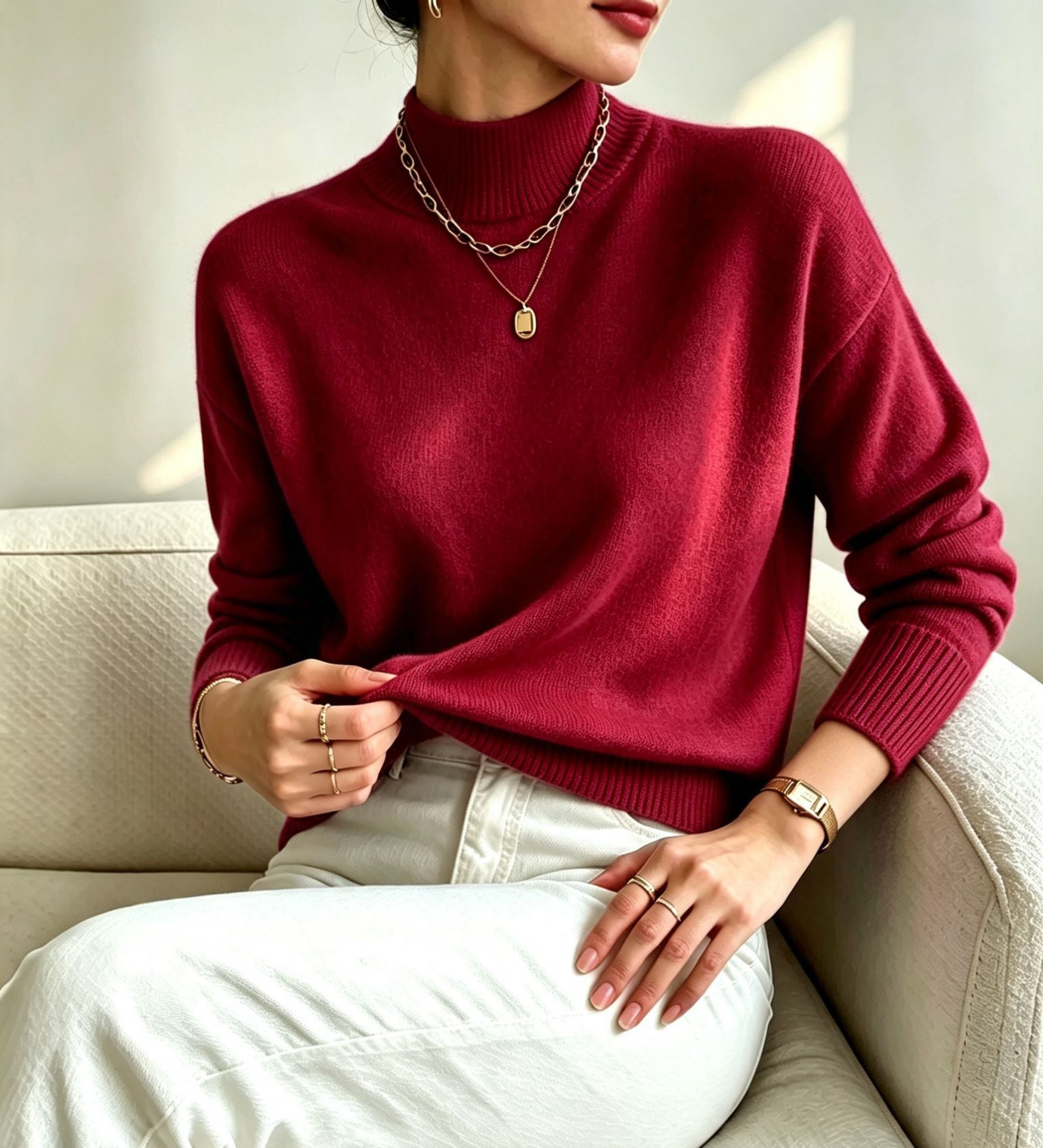 pull femme col montant manches longues bordeaux
