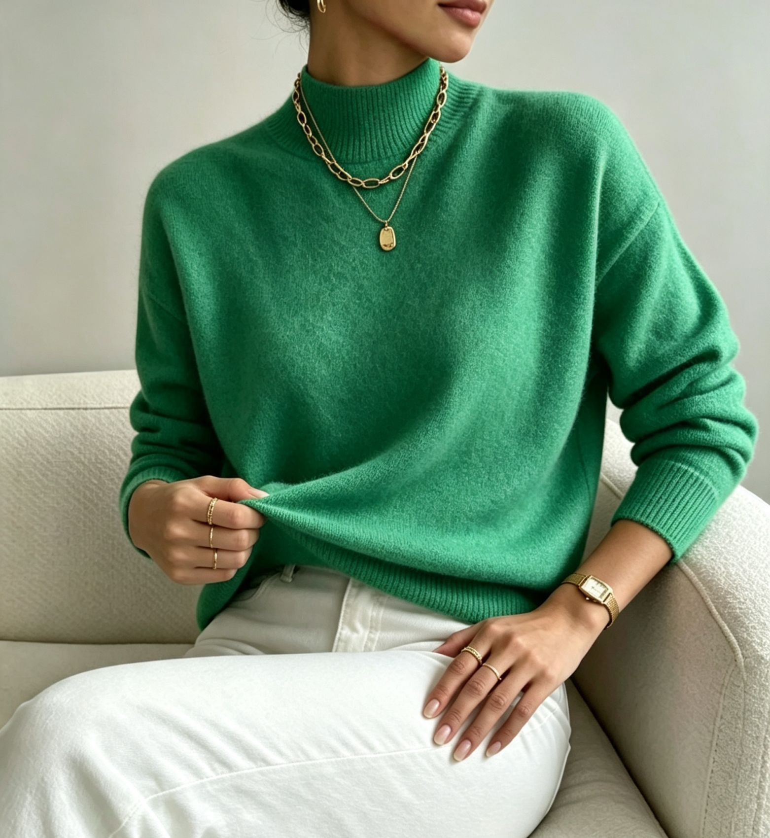 pull femme col montant manches longues vert
