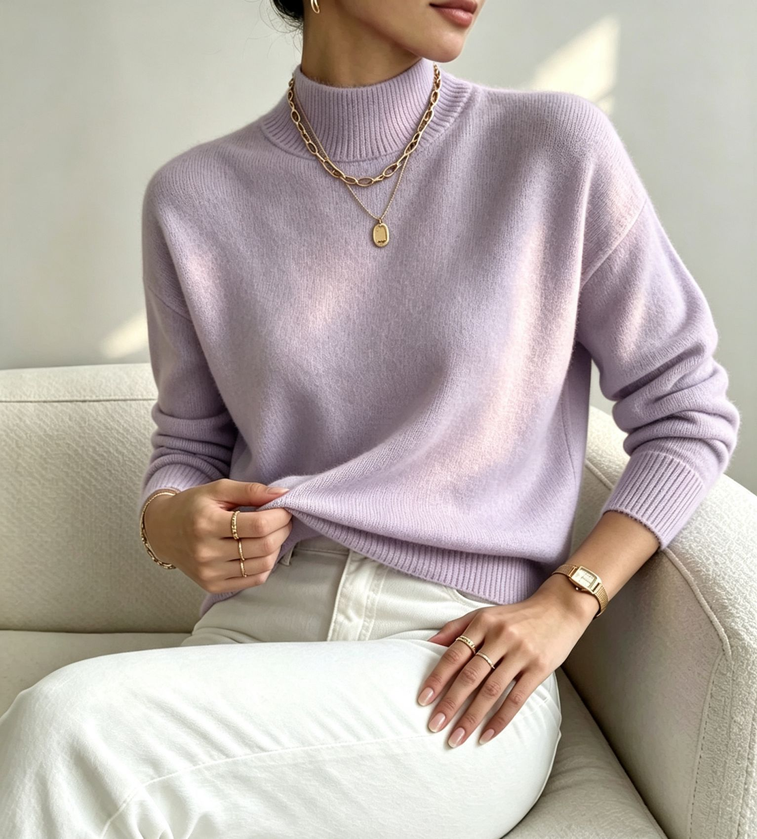 pull femme col montant manches longues lavande