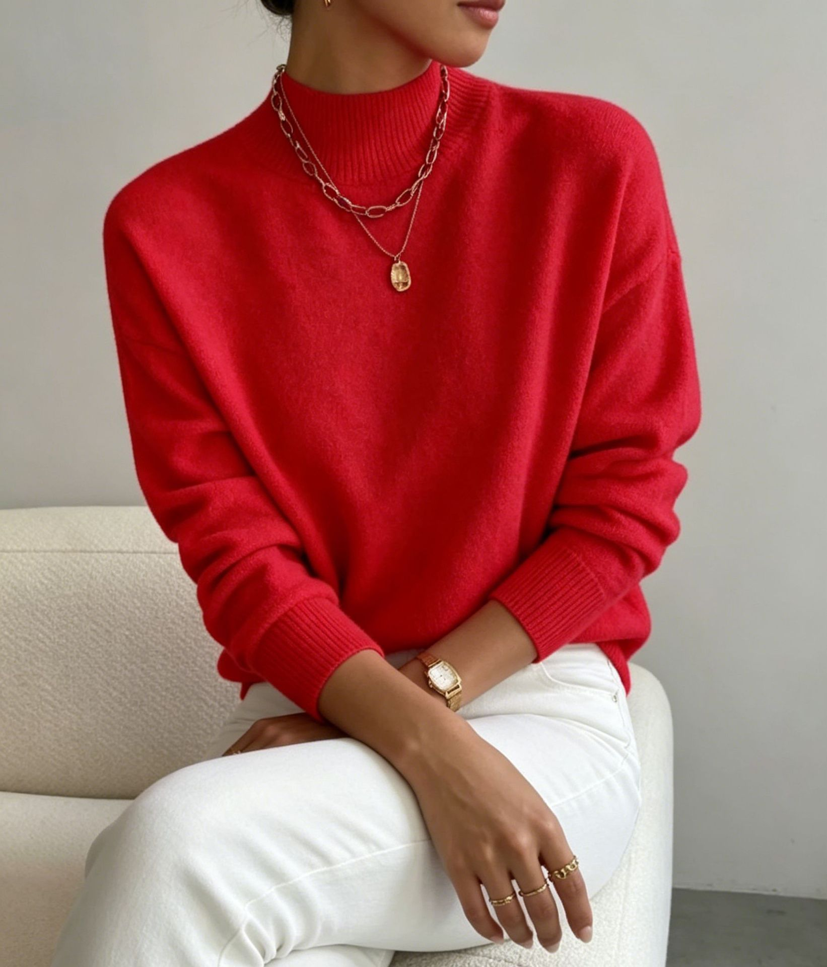 pull femme col montant manches longues rouge