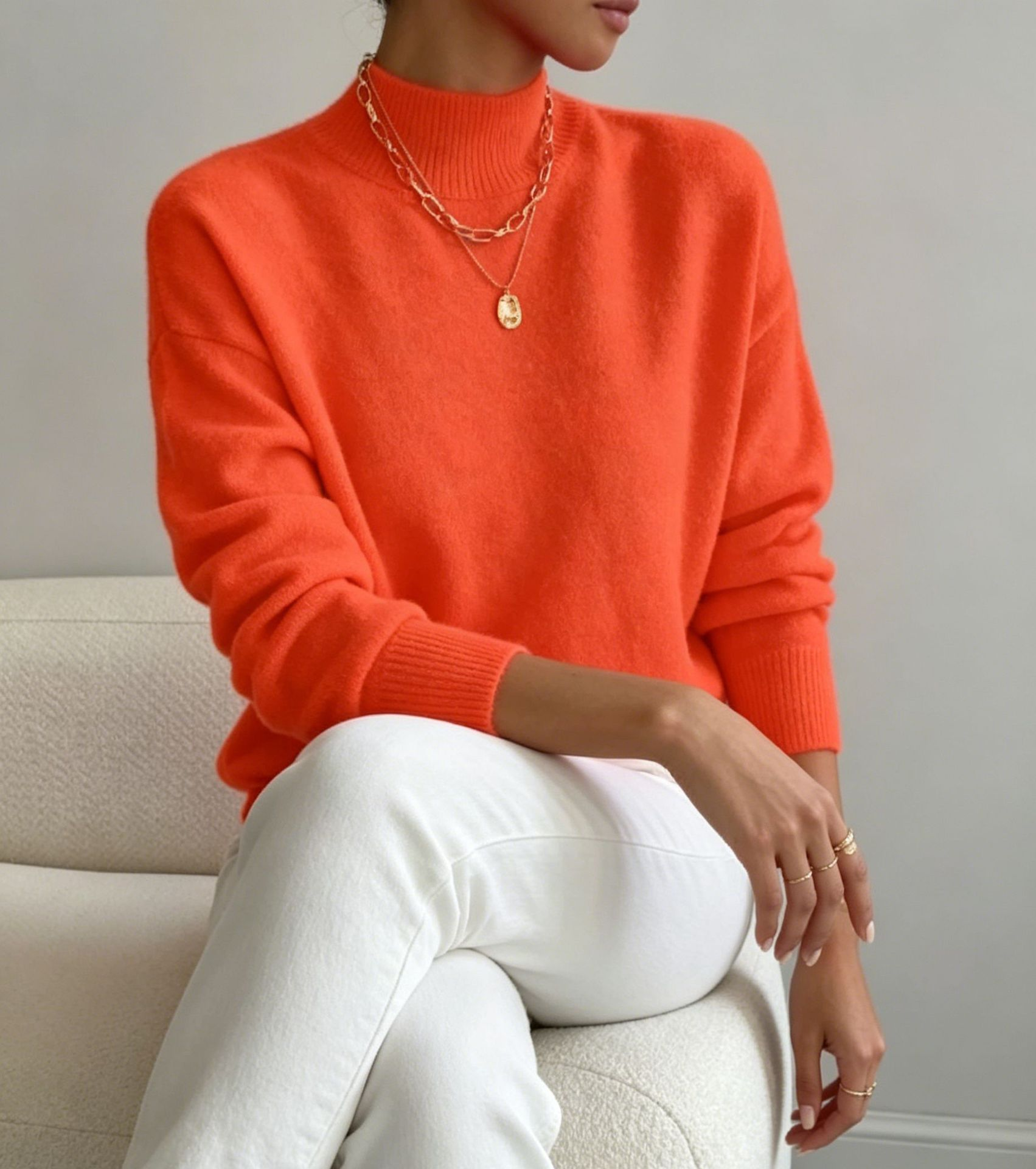 pull femme col montant manches longues orange