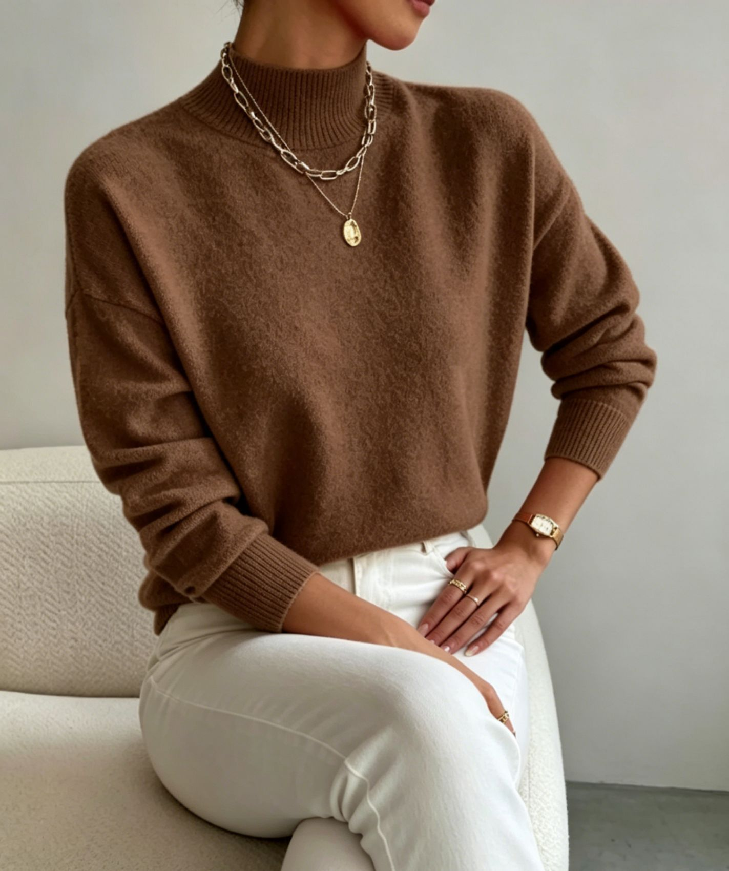 pull femme col montant manches longues marron