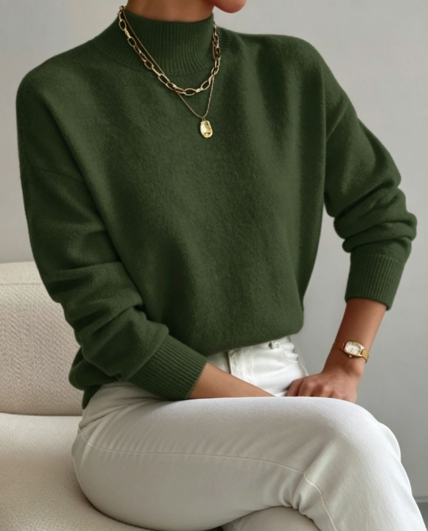 pull femme col montant manches longues Vert fonce