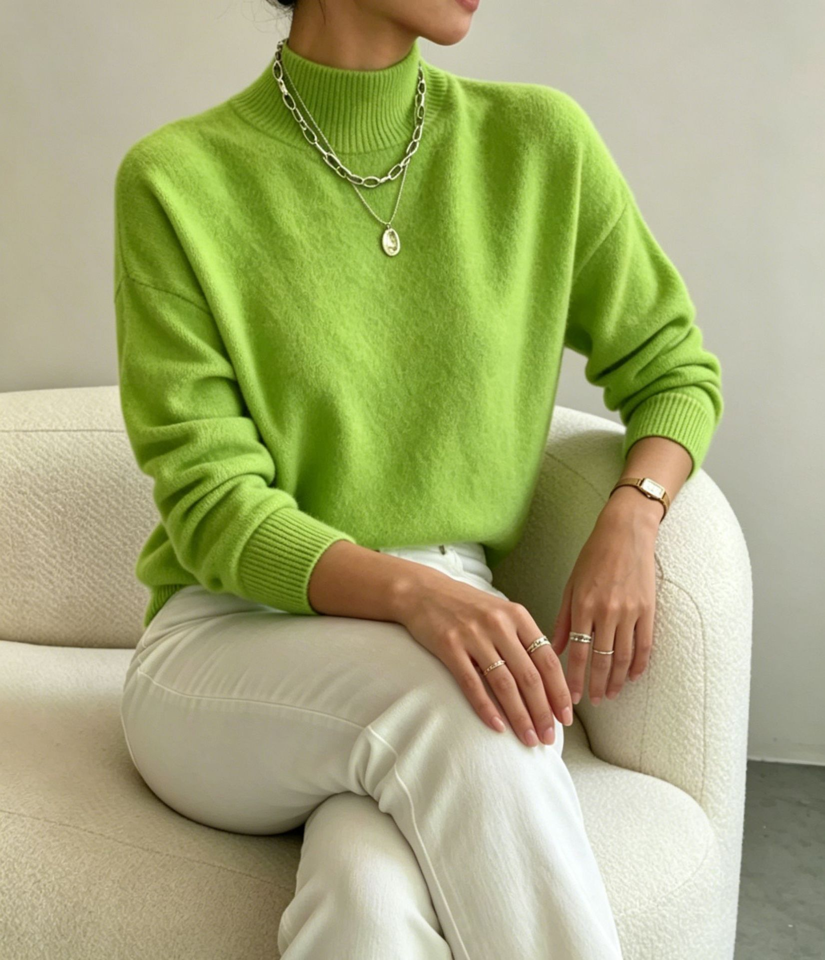 pull femme col montant manches longues Vert clair