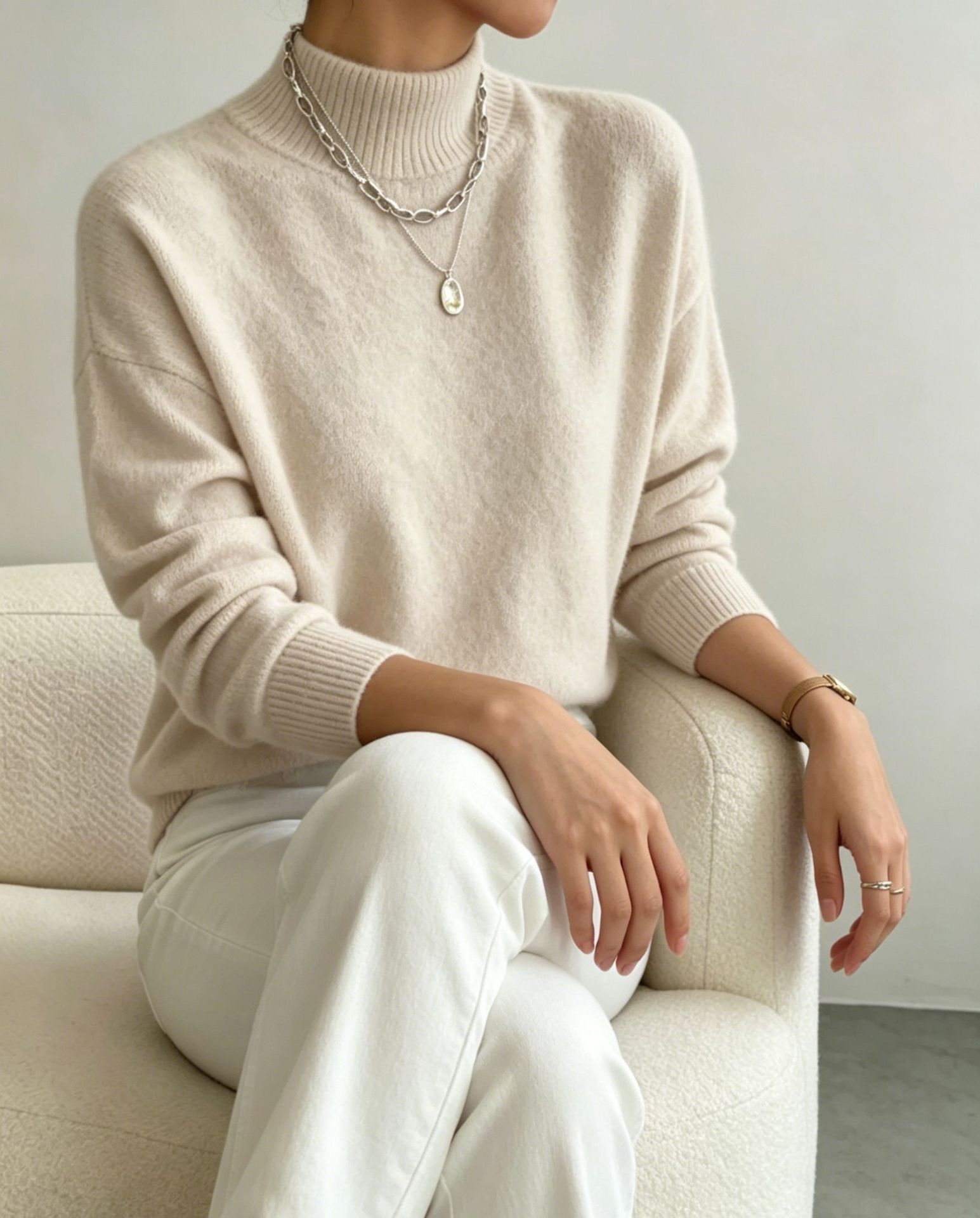 pull femme col montant manches longues creme