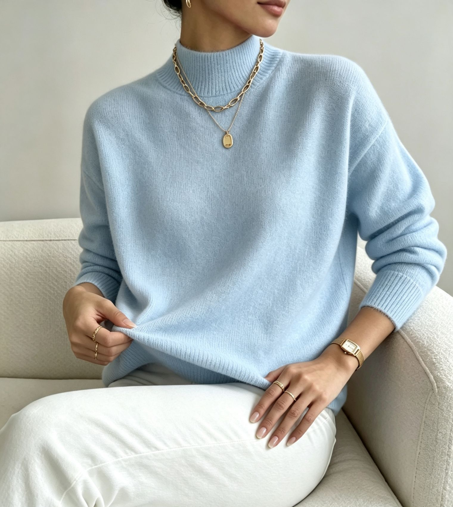 pull femme col montant manches longues bleu
