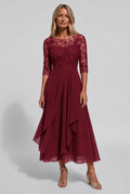 robe femme mi-longue brodée coupe évasée en rouge vin