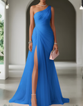 robe longue femme asymétrique épaule dénudée en vert sauge bleu