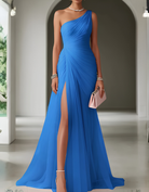 robe longue femme asymétrique épaule dénudée en vert sauge bleu